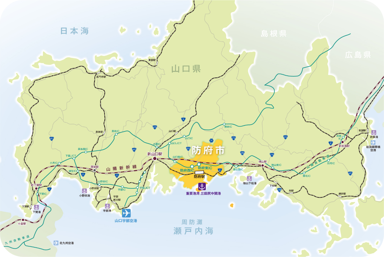 山口県の主要道路の記された地図
